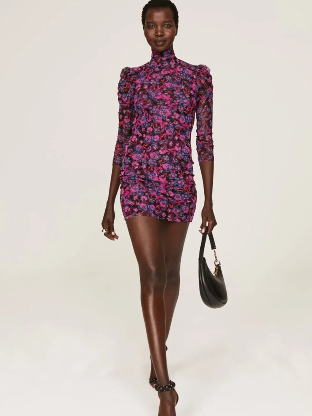 MISA Stormi Pink Purple Floral Mesh Long Ruched Sleeve Mini Dress, Size M
